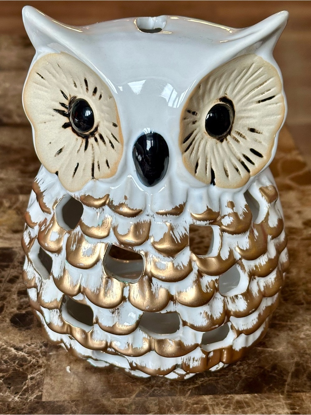 White and Gold Ceramic Owl Decorative Accent Tea Light Holder